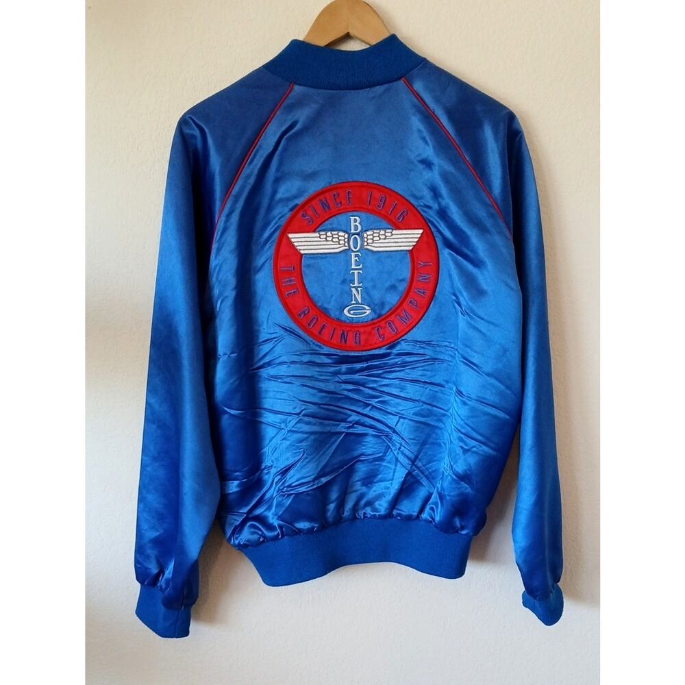 Vintage 80s Boeing Blue Satin Jacket Totem Patch High Five Sportswear